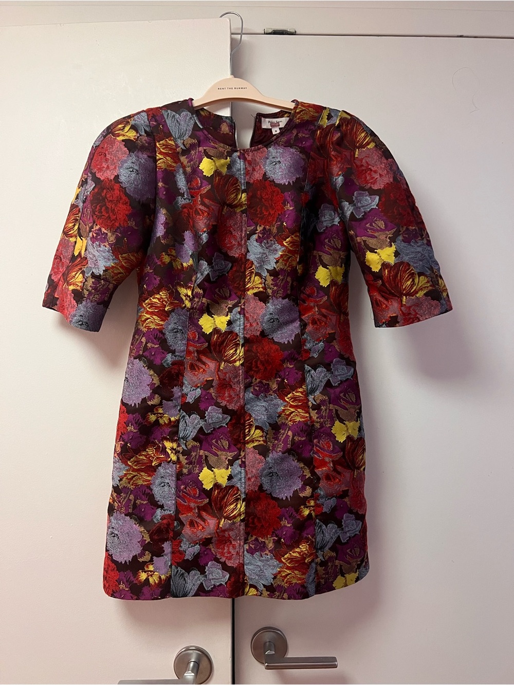 Peter Som Floral Jacquard Mini Dress in Burgundy, Red, Purple, Yellow